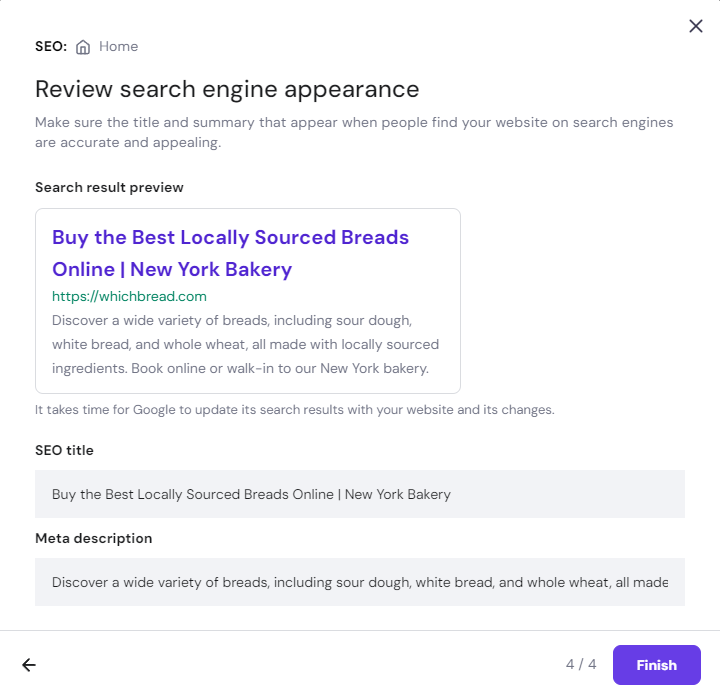 The AI-generated SEO info from Hostinger Website Builder's AI SEO Assistant