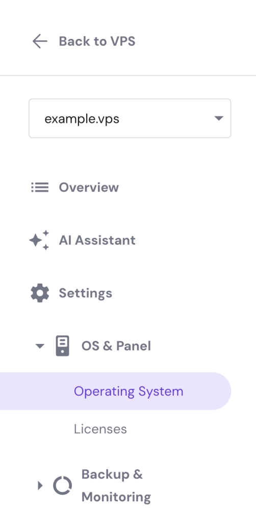 The Operating System menu on hPanel's VPS dashboard