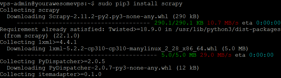 pip installs Scrapy and its dependencies