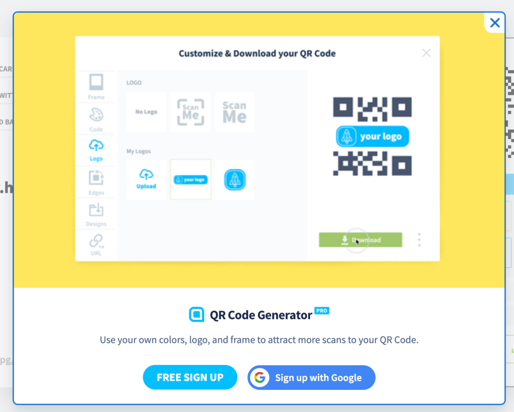 QR Code Generator download pop-up screen