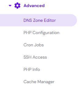 Advanced settings with DNS Zone Editor selected in hPanel side menu