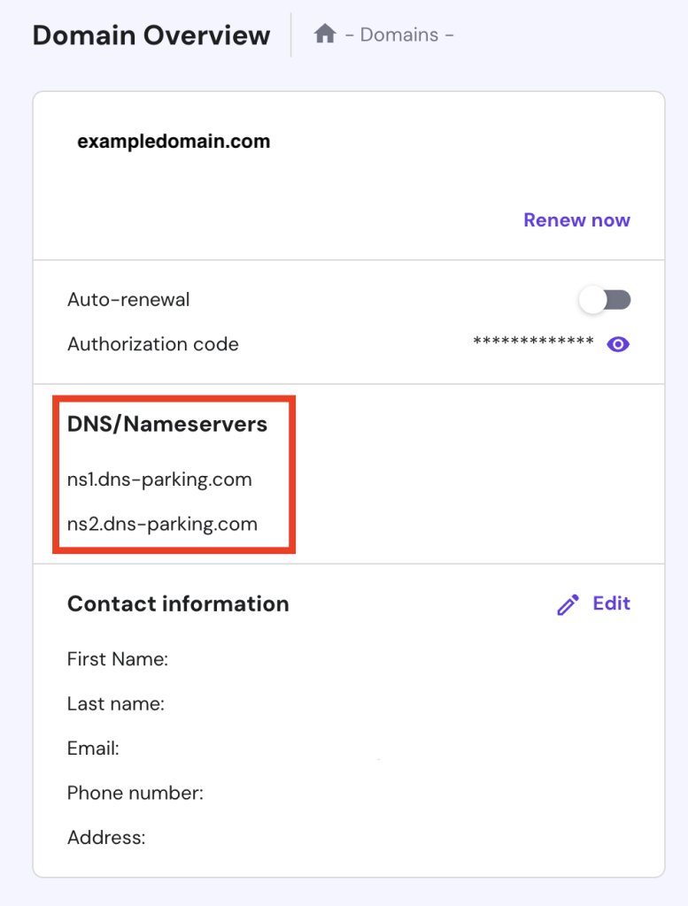 DNS/Nameservers section highlighted in the domain overview section