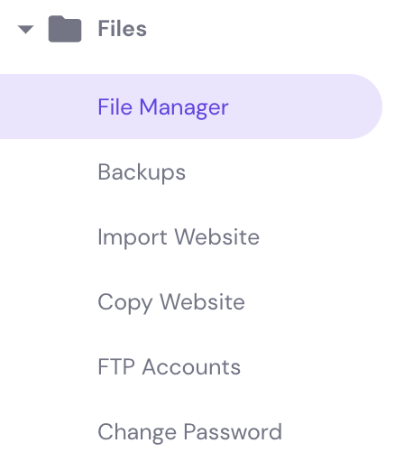 File Manager highlighted in the Files dropdown menu in hPanel