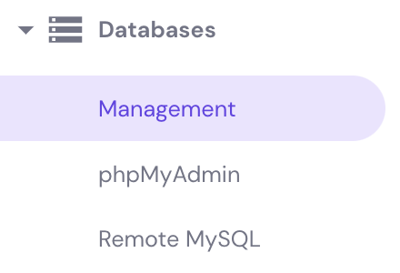 Management section highlighted in Databases dropdown menu in hPanel