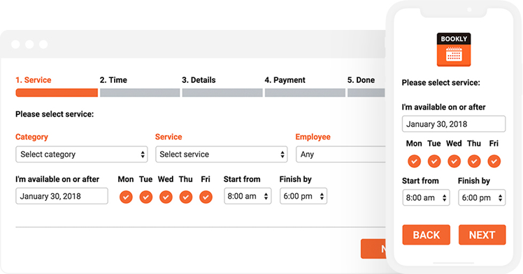 Example of a booking process created using the Bookly plugin
