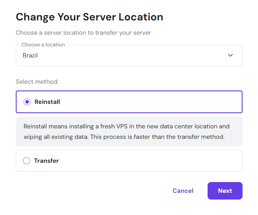 Data center location selection menu in hPanel