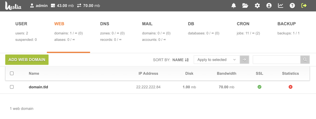 The HestiaCP dashboard