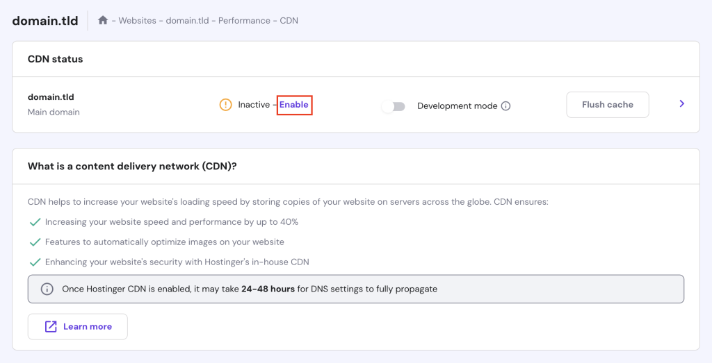 The Enable option to activate Hostinger's CDN