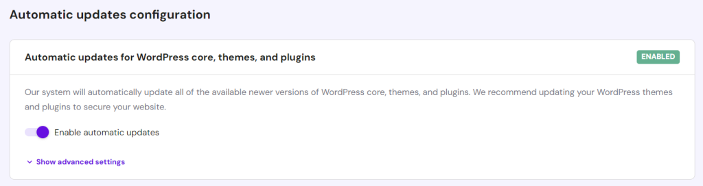 WordPress Enhanced Automatic Updates feature in Hostinger's hPanel
