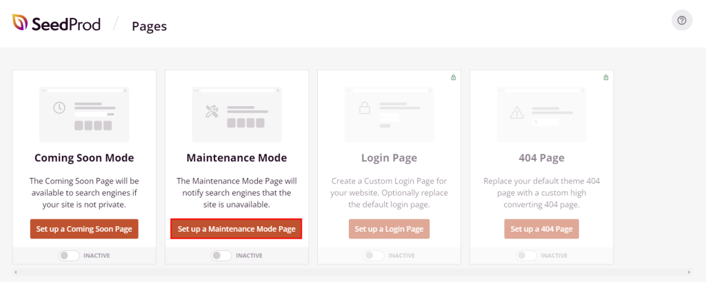 SeedProd dashboard in WordPress, highlighting the option to create a maintenance mode page