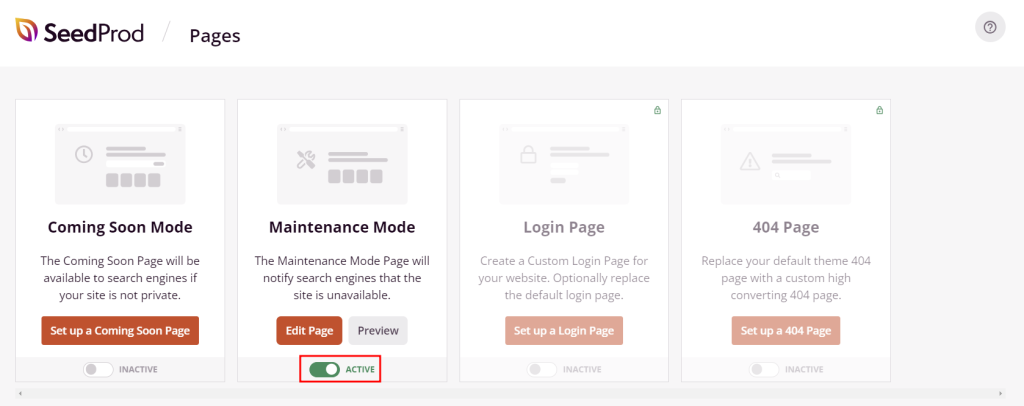 SeedProd dashboard in WordPress, highlighting the toggle to enable maintenance mode