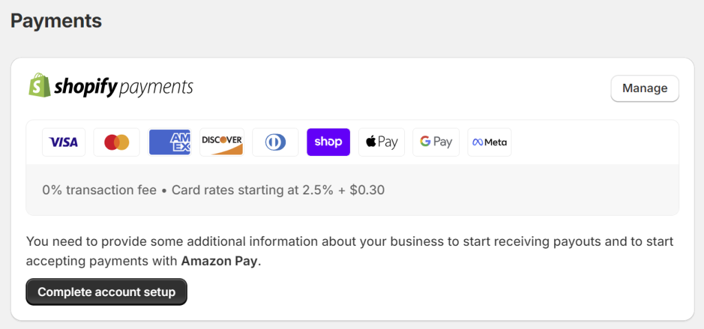 Shopify Payments setup page