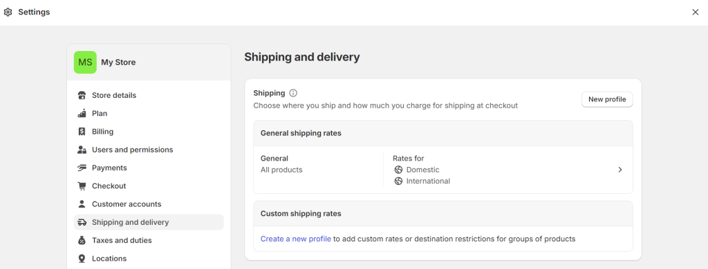Shopify shipping and delivery settings