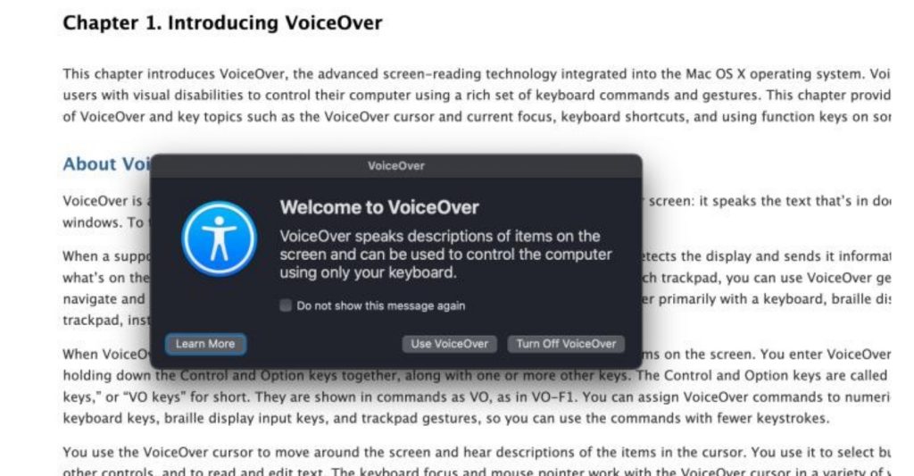 Welcome to VoiceOver dialog box on a Mac computer. The dialog box explains that VoiceOver is a screen reader that can be used to control the computer using the keyboard.