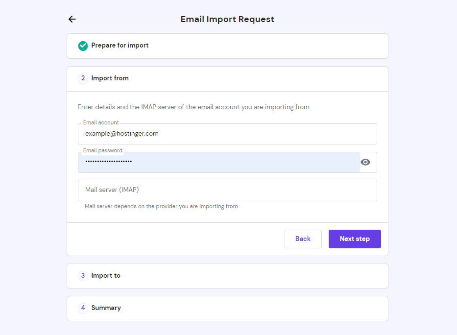 Email import request form, step 2