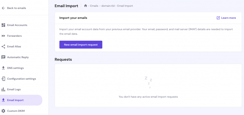 Email import section