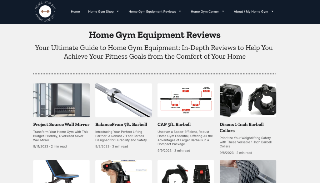 Home Gym Equipment Reviews page on Home Gym Fix website