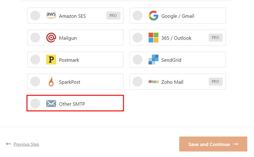 SMTP mailer options in WP Mail SMTP's setup wizard with Other SMTP highlighted in red