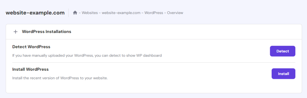 The WordPress installation section in hPanel