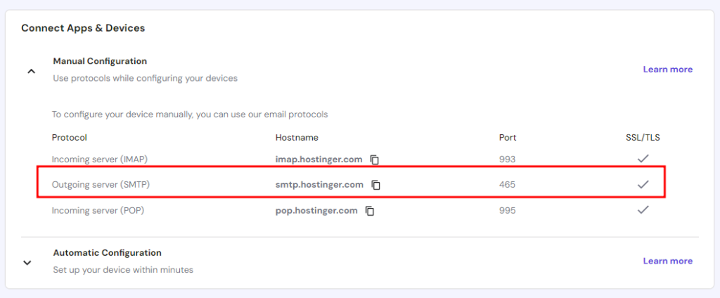 The outgoing server's hostname and port numbers in hPanel