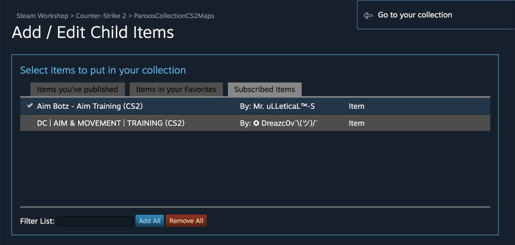 Add items screen of Steam collection creation proces