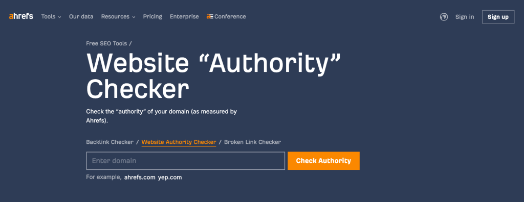 Ahrefs Website Authority Checker homepage