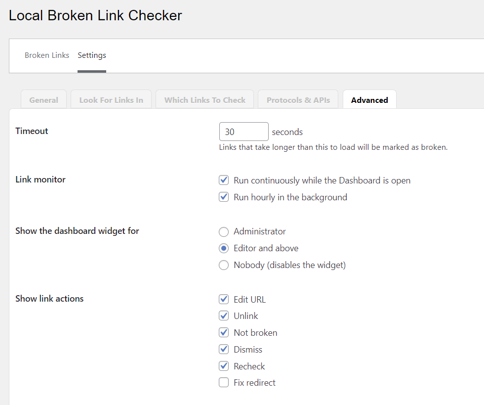 The advanced settings of Broken Link Checker plugin
