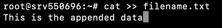 Terminal window showing the output of the cat >> filename.txt command