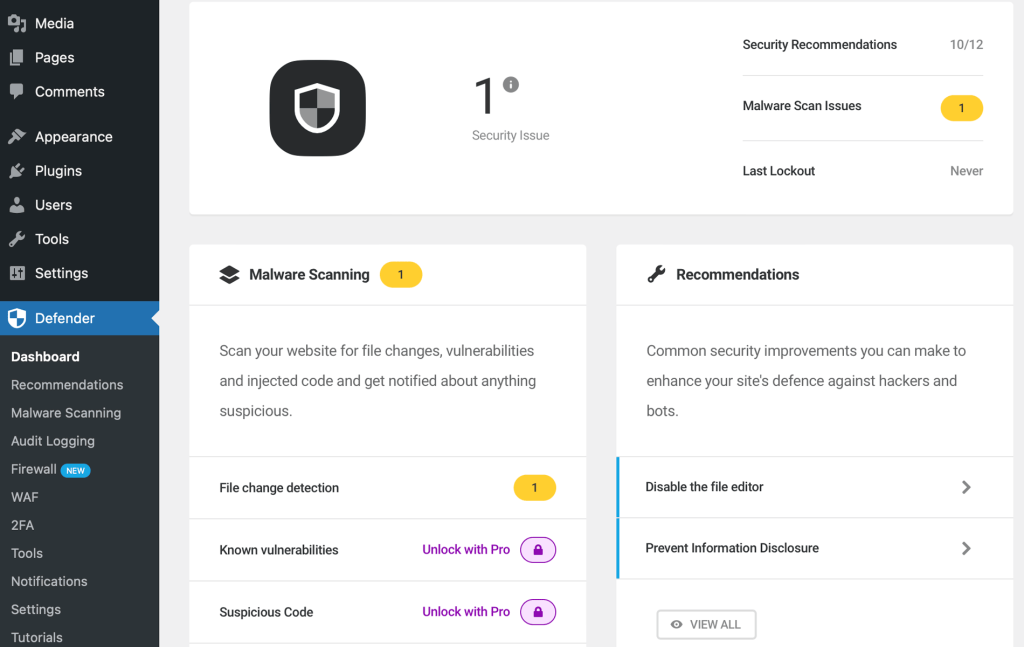 The Defender Security plugin dashboard with an overview that includes the number of found issues, recommendations, and malware scan issues.