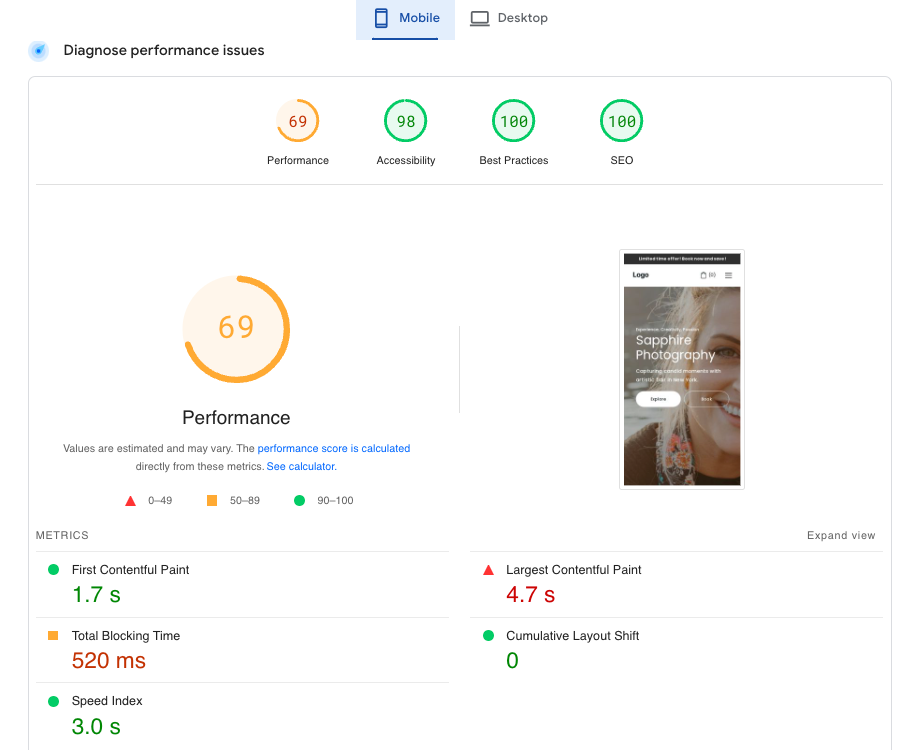 Google PageSpeed Insights test result example