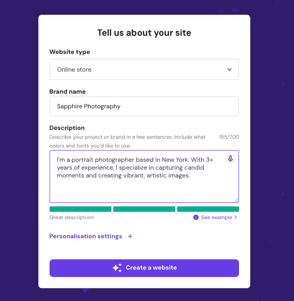 Hostinger AI Website Builder prompt box