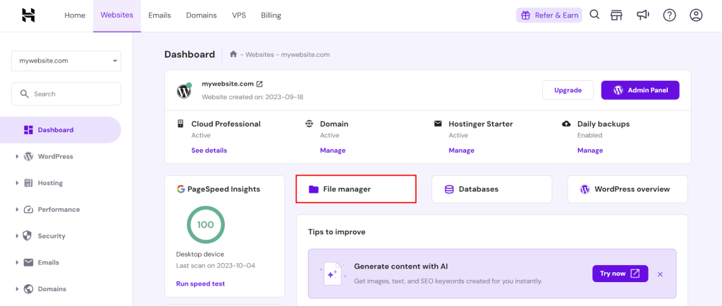 hPanel dashboard, highlighting the button to access File Manager