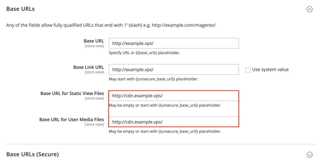 The Base URL for Static View Files and Base URL for User Media Files options in Magento