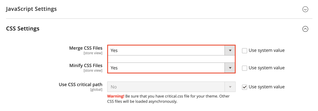 The CSS Settings section in Magento