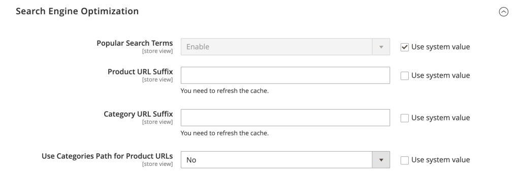 The Use Categories Path for Product URLs menu in Magento
