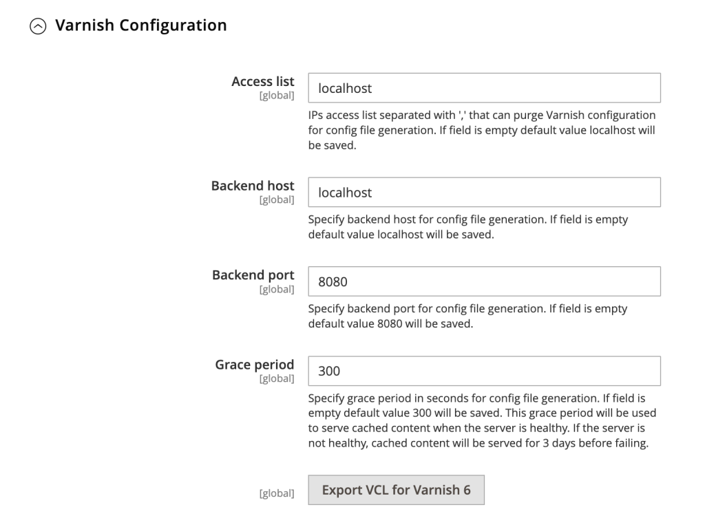 The Varnish Configuration section in Magento