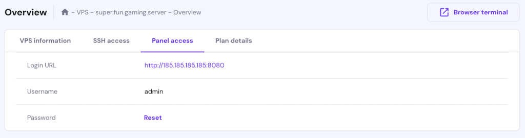 The Panel access tab in hPanel