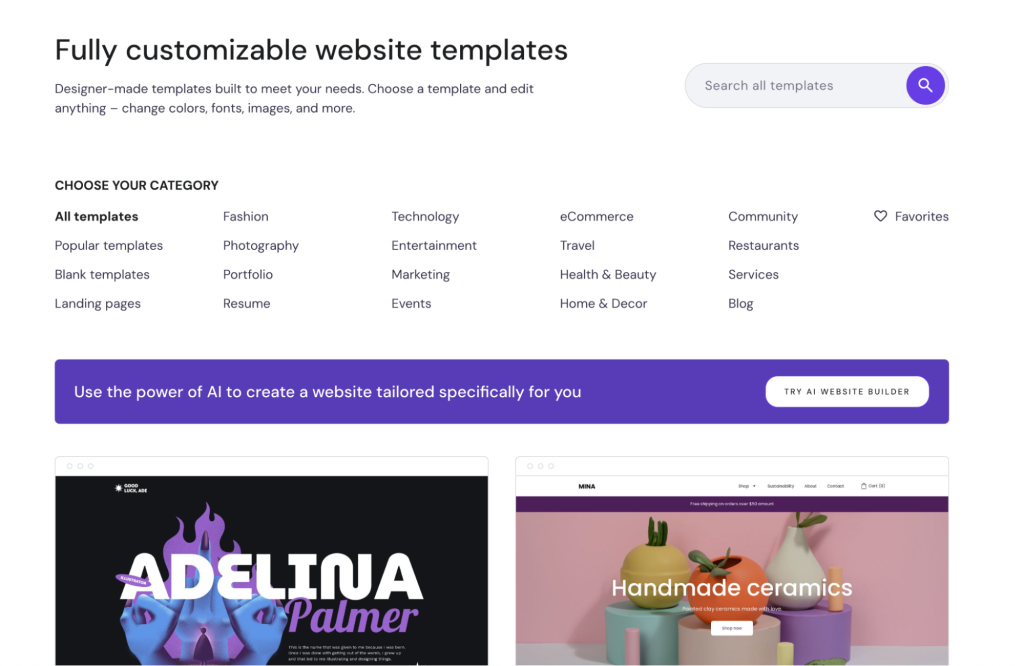 Hostinger Website Builder website templates page