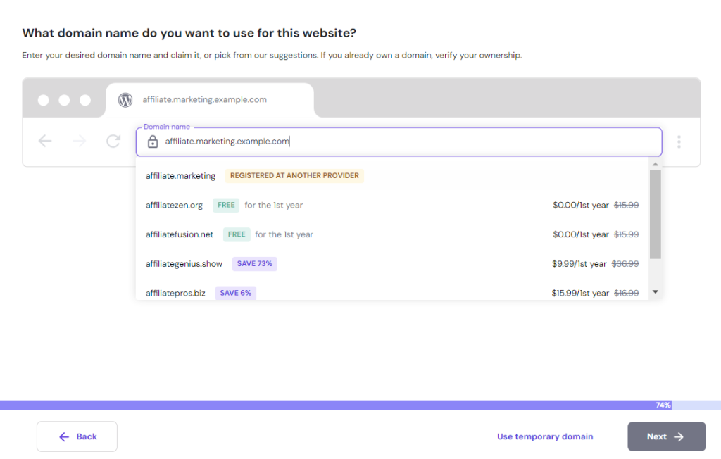 Hostinger's onboarding page for connecting a domain name