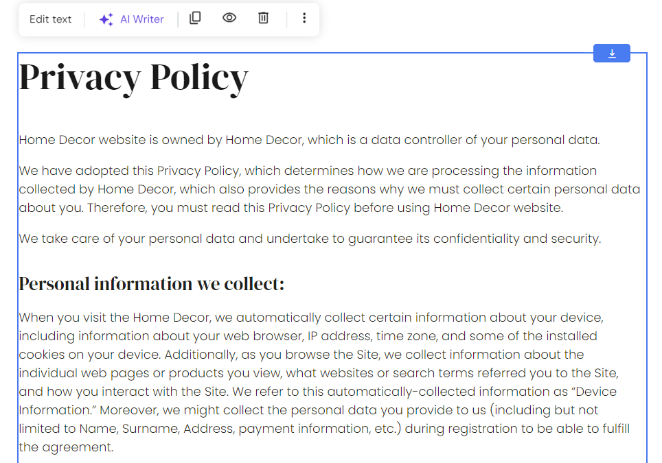 Privacy policy in the text element