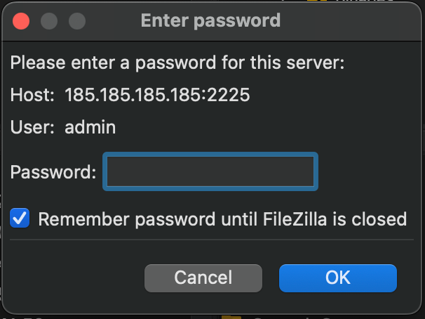 FileZilla prompts the user to enter the SFTP password