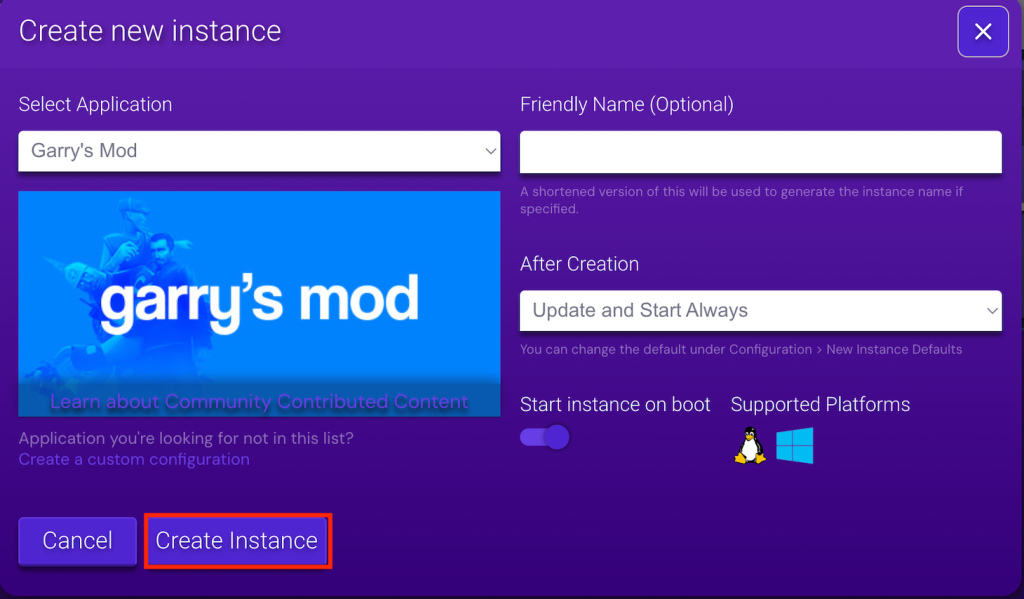 GMod instance creation screen in Game Panel