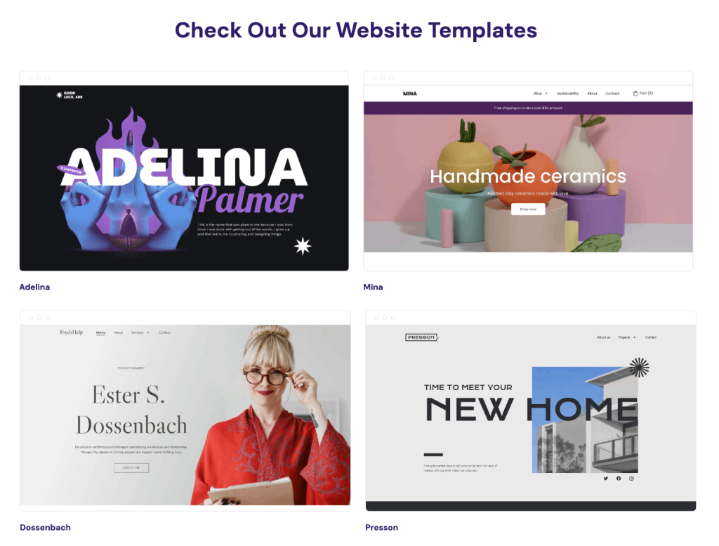 4 of the 150 example templates offered in Website Builder