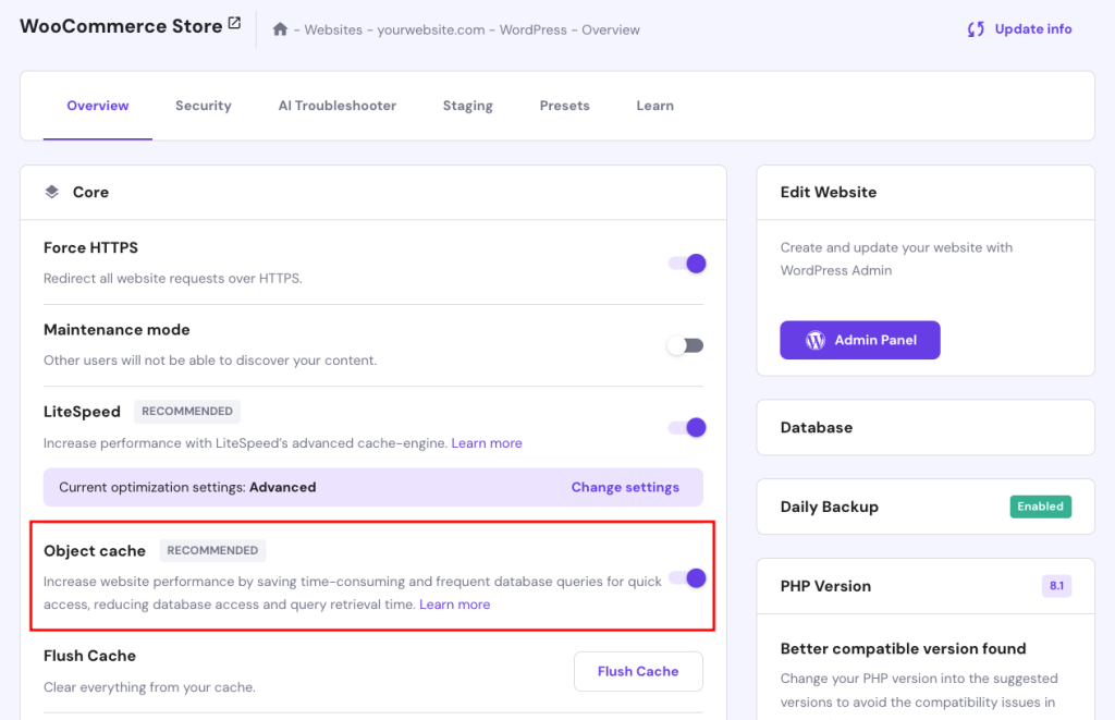 WordPress object caching feature in Hostinger hPanel