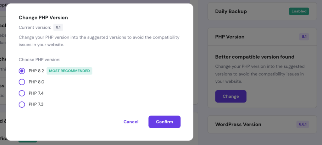 WordPress PHP version update popup in Hostinger hPanel