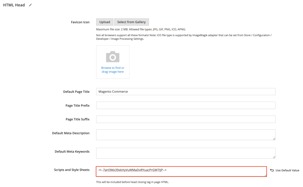 The Scripts and Style Sheets field in Magento's HTML Head section