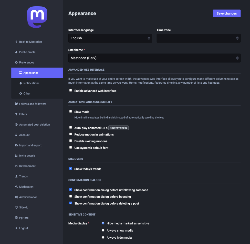 Mastodon's admin dashboard