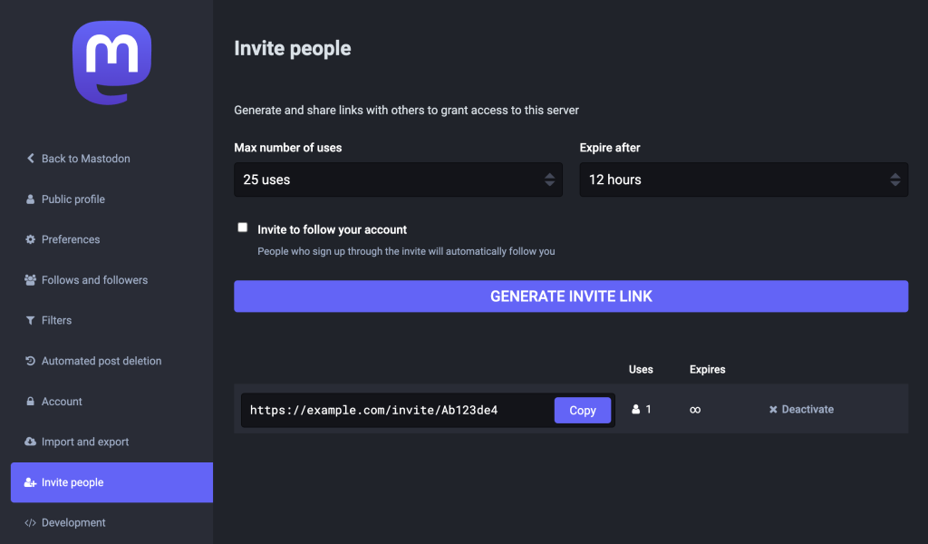 Mastodon's Invite people menu