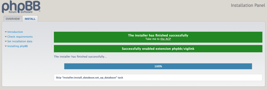 phpBB confirms installation is successful