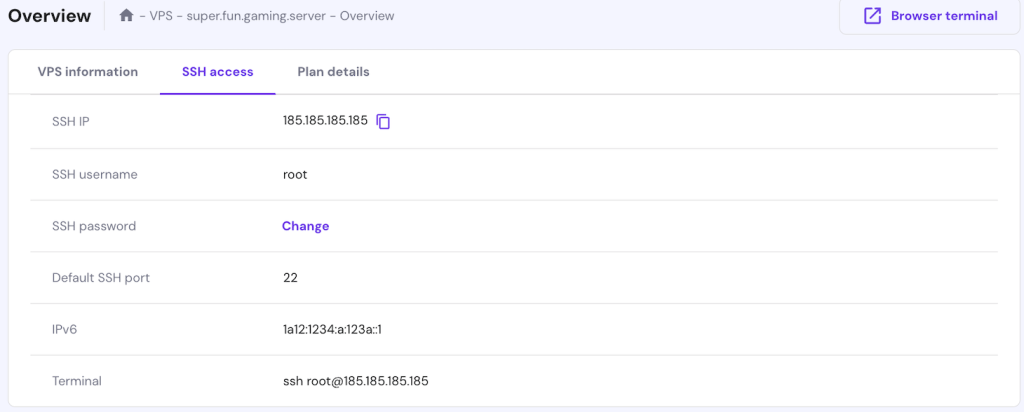 VPS SSH Access tab in hPanel